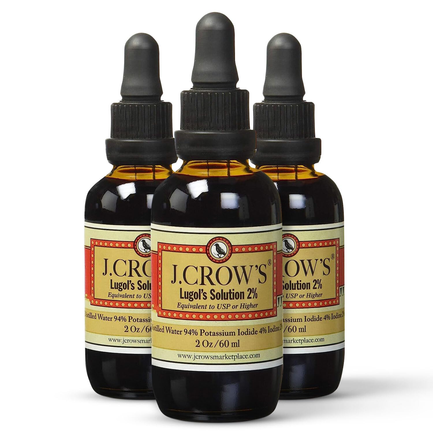 J. CROW'S Lugol's iodine 2% bottle with a precise dropper for controlled dosing.