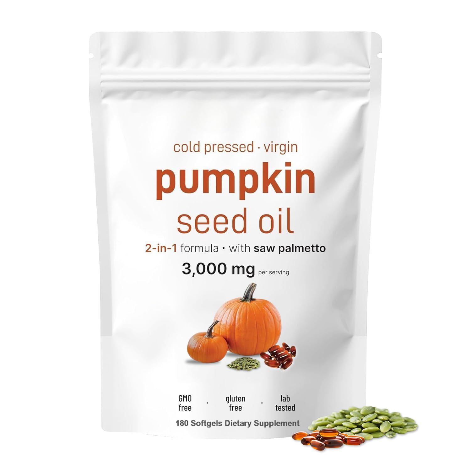 J-PRQ pumpkin seed oil bottle close-up with saw palmetto capsules for daily wellness.