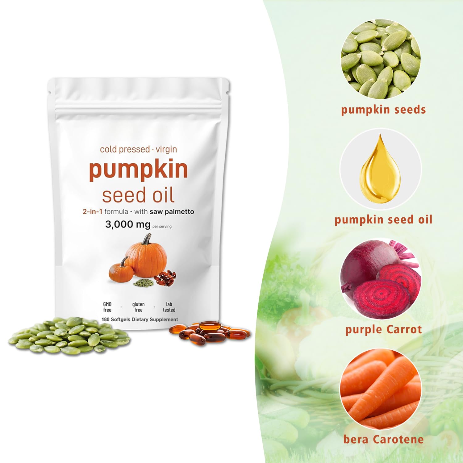 Three-softgel serving visual highlighting 3000 mg pumpkin seed oil and 300 mg saw palmetto.