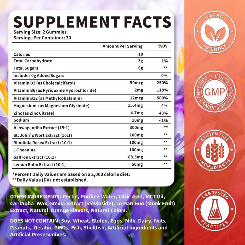 Jabsah Saffron Gummies bottle back shows supplement facts and vitamin blend.