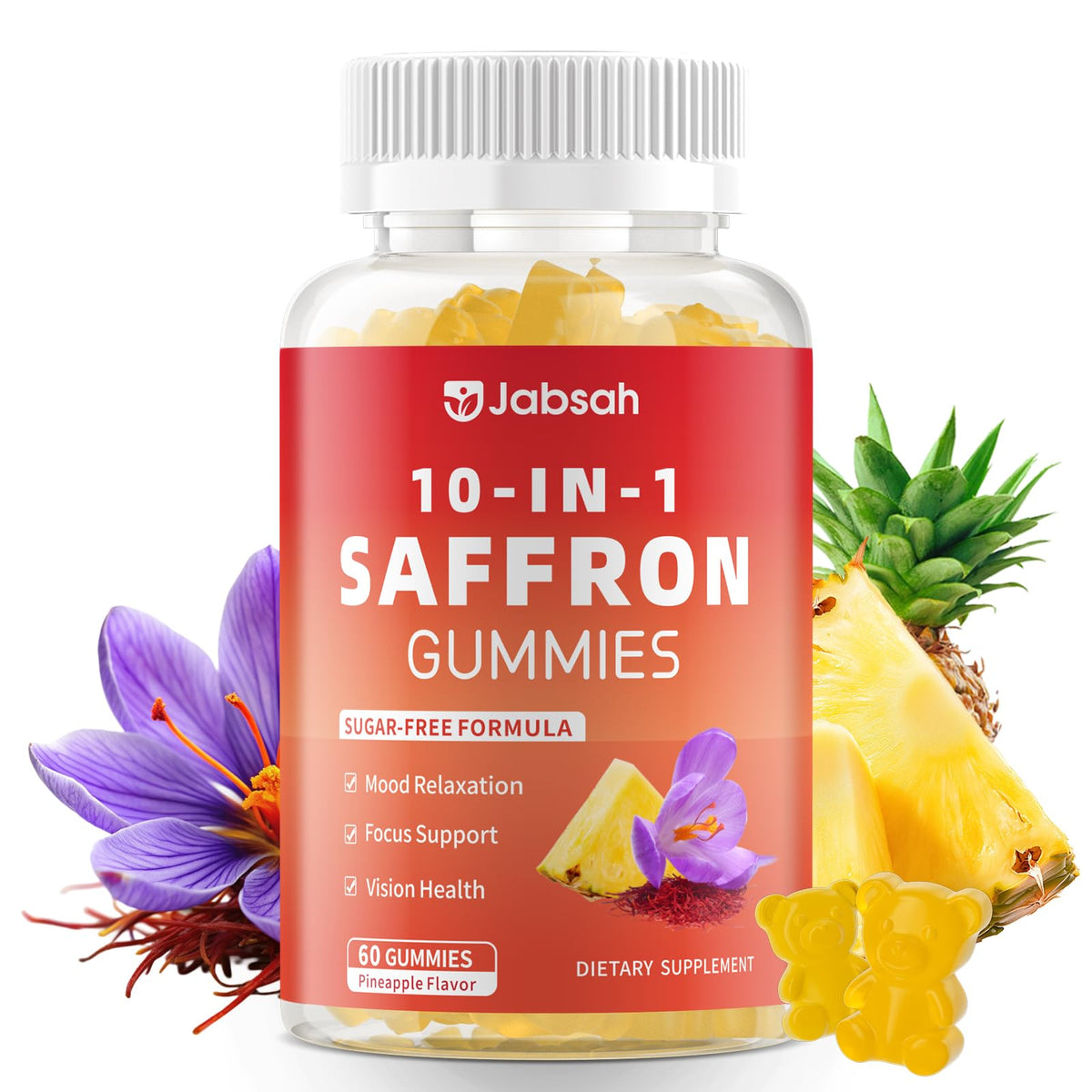 Jabsah Saffron Gummies bottle front highlights mood support and daily calm.