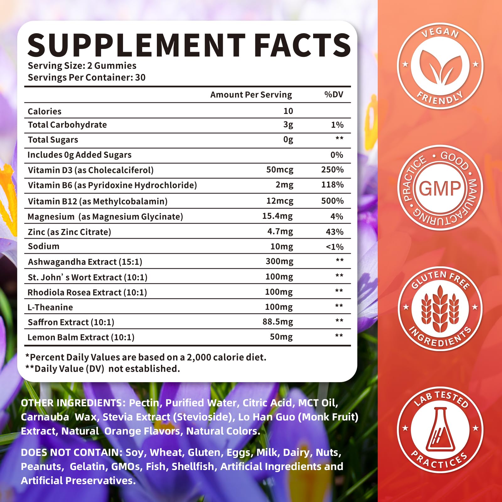 Jabsah Saffron Gummies close-up shows 88.5 mg saffron extract for mood support.