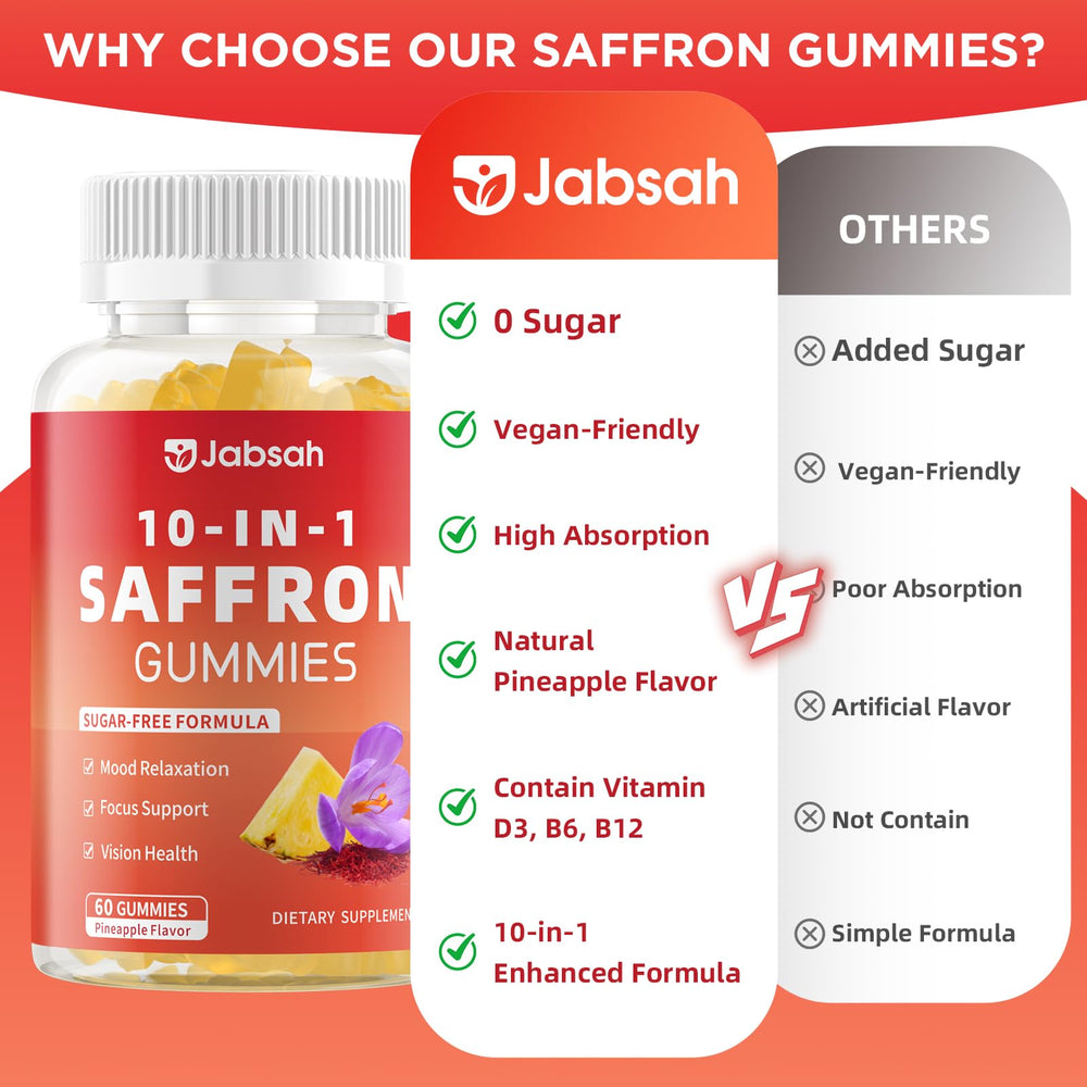 Jabsah Saffron Gummies show pineapple flavor for a vegan wellness option.