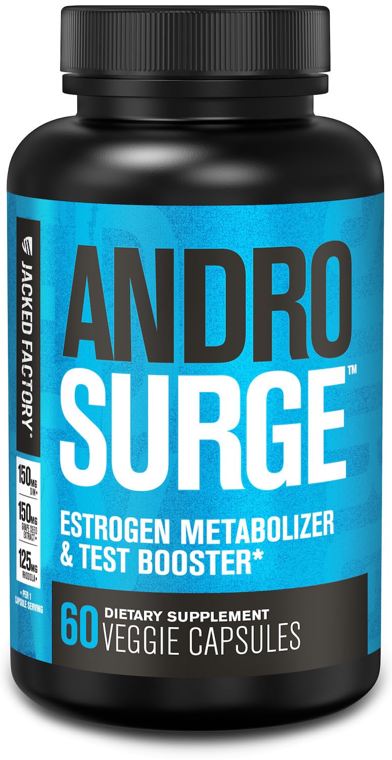 Jacked Factory Androsurge bottle front view with clear labeling for daily performance support.