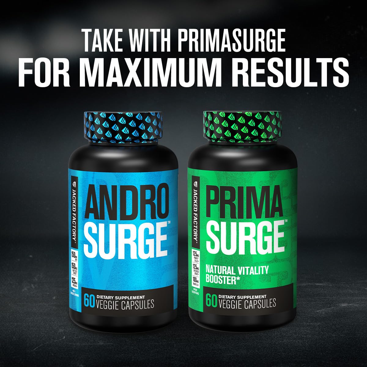 Jacked Factory Androsurge capsules arranged for easy daily dosing and consistency.