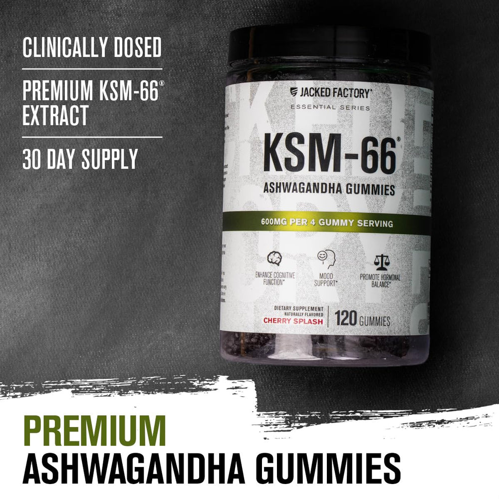Jacked Factory Ashwagandha Gummies bottle open showing chewy texture.