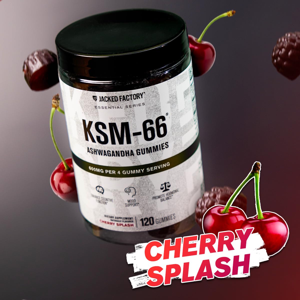 Jacked Factory Ashwagandha Gummies cherry splash flavor close-up.