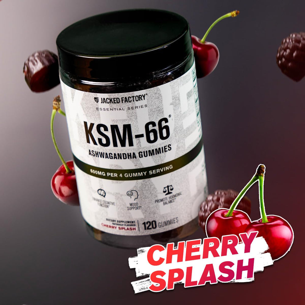 Jacked Factory Ashwagandha Gummies cherry splash flavor close-up.