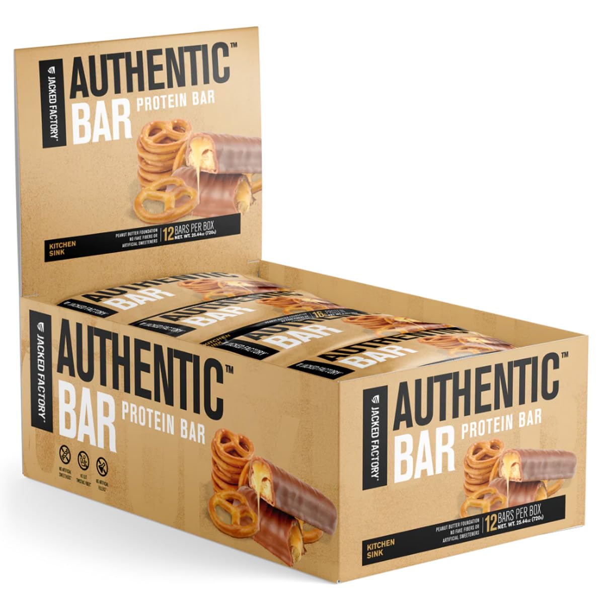 Jacked Factory Authentic Bar packaging on-the-go, convenient meal replacement option.