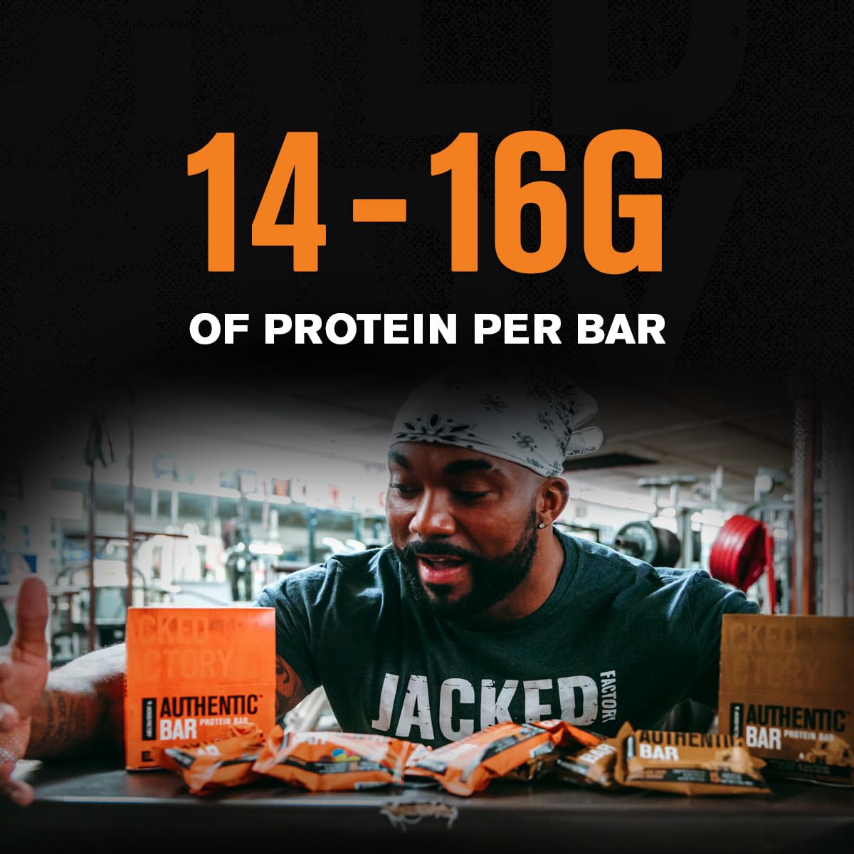 Jacked Factory Authentic Bar peanut butter candy nutrition panel with 16 g whey protein.