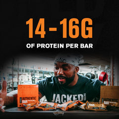 Jacked Factory Authentic Bar peanut butter candy nutrition panel with 16 g whey protein.