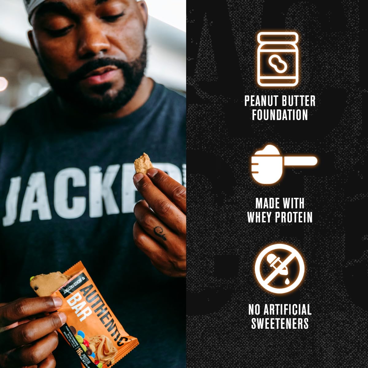 Jacked Factory Authentic Bar peanut butter candy 12-pack display for easy shopping.