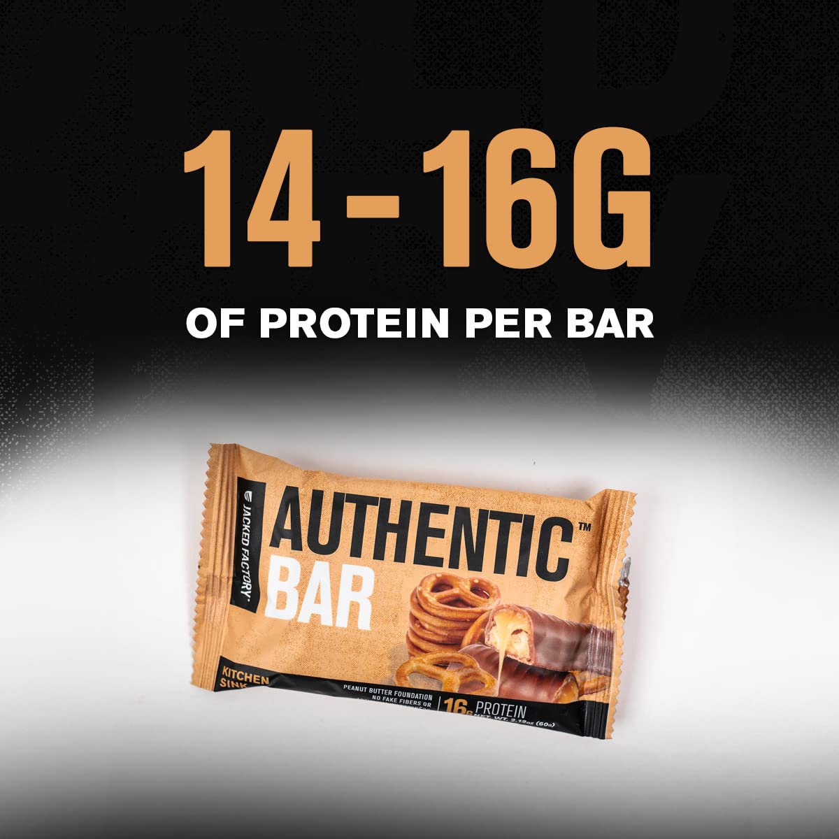 Jacked Factory Authentic Bar peanut butter texture, satisfying protein snack.
