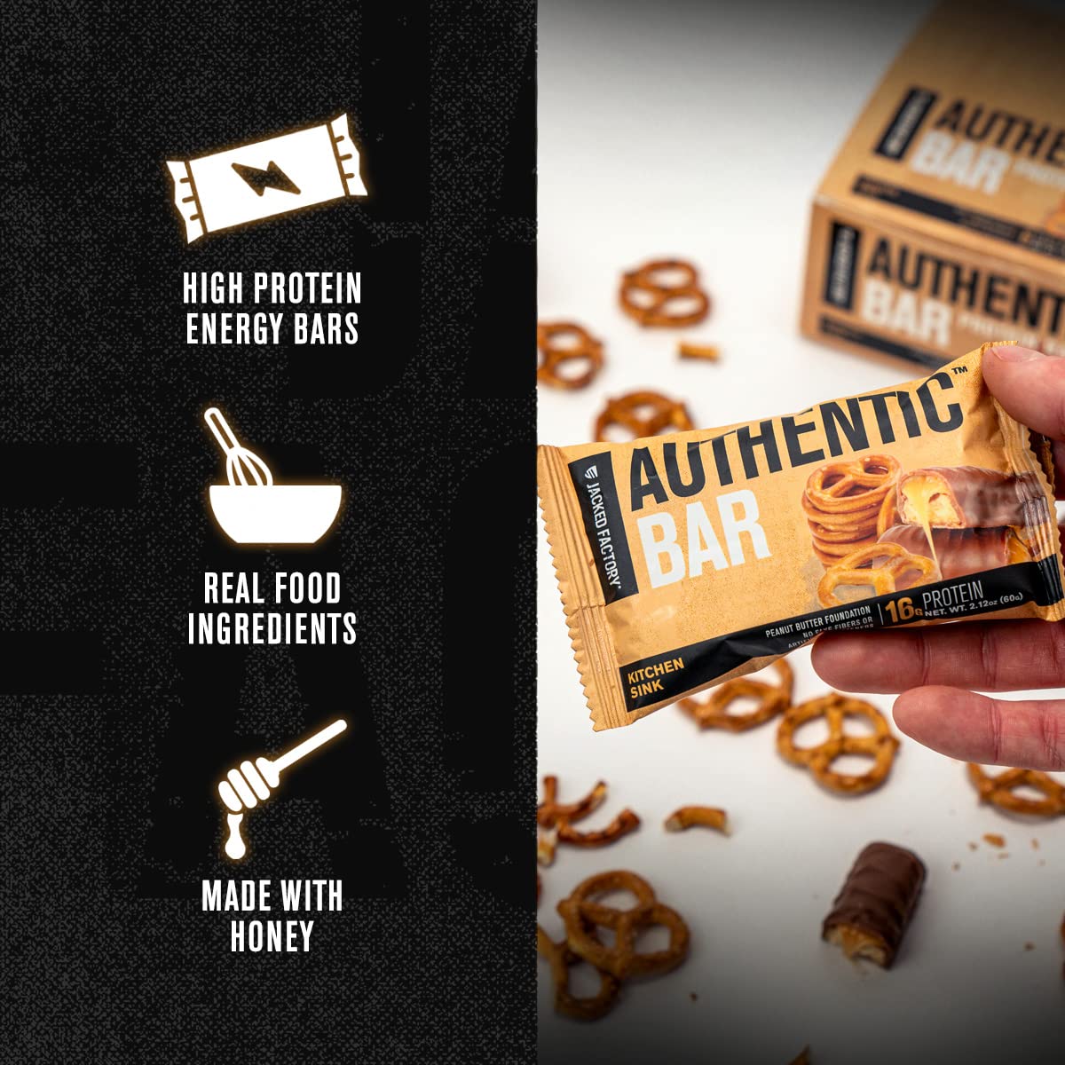 Jacked Factory Authentic Bar whey protein focus supports active macros.