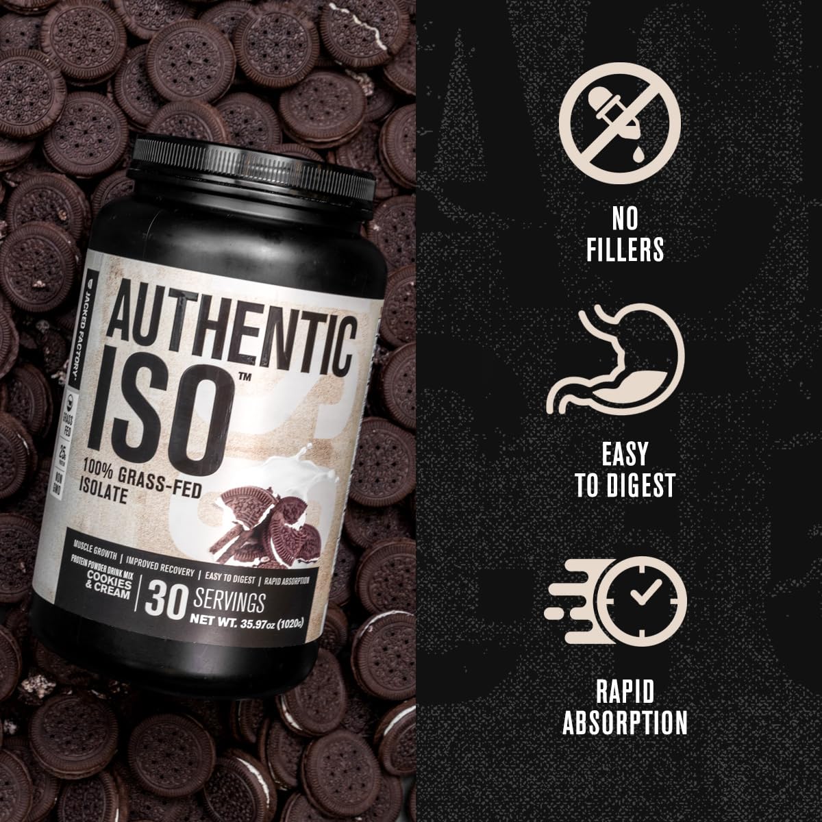 ISO label close-up—non-GMO formula, no fillers.