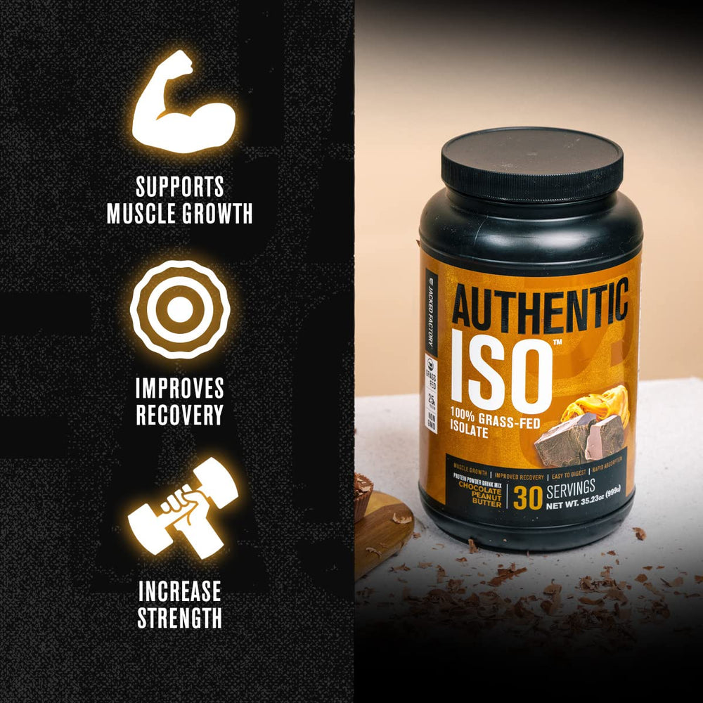 Close up of Authentic ISO label showing 25 g protein per serving with minimal sugar