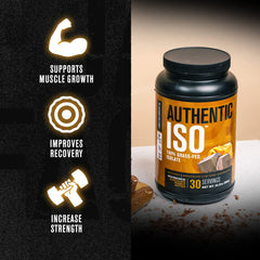 Close up of Authentic ISO label showing 25 g protein per serving with minimal sugar