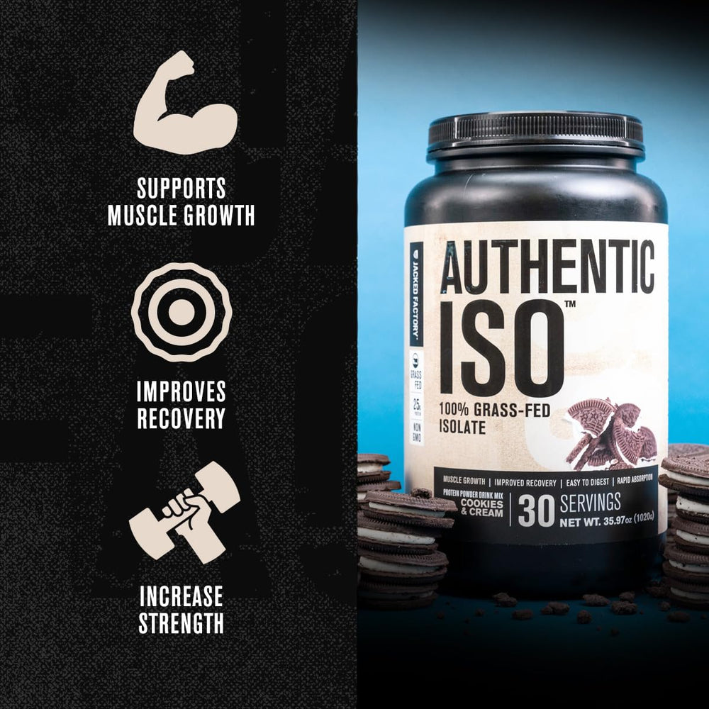 Authentic ISO whey jar close-up—clean ingredients and high protein.