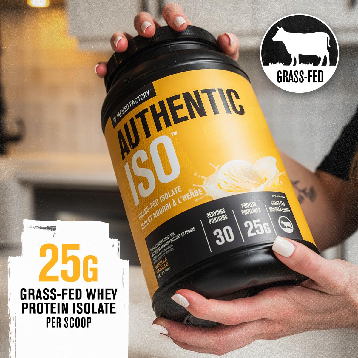 Jacked Factory Authentic ISO whey vanilla tub with resealable lid for freshness