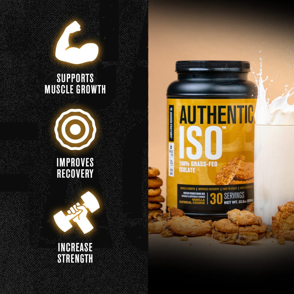 Scoop of Jacked Factory Authentic ISO Whey beside the tub highlighting lean muscle support