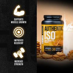 Scoop of Jacked Factory Authentic ISO Whey beside the tub highlighting lean muscle support