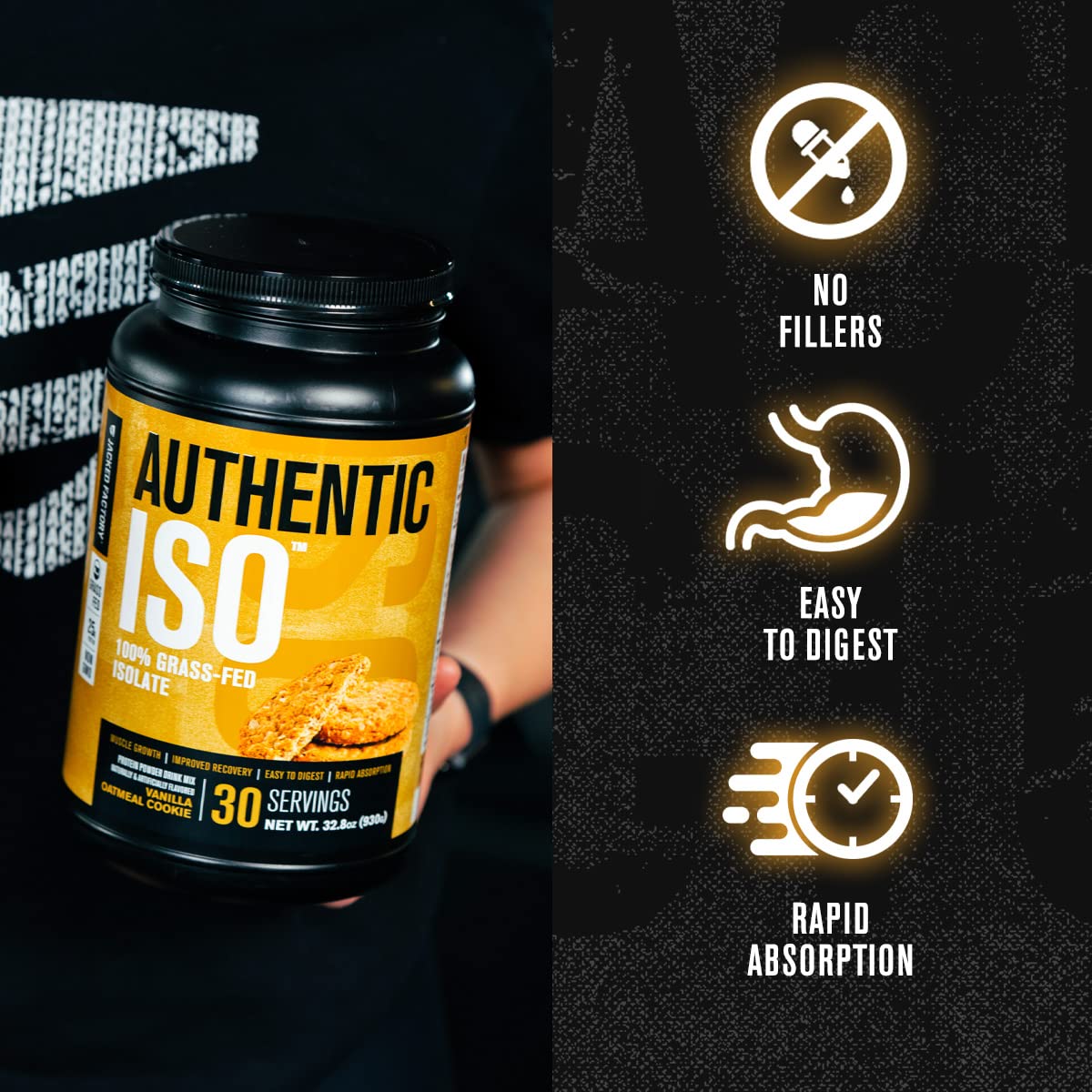 Close-up of the Authentic ISO label emphasizes 25 g protein per serving