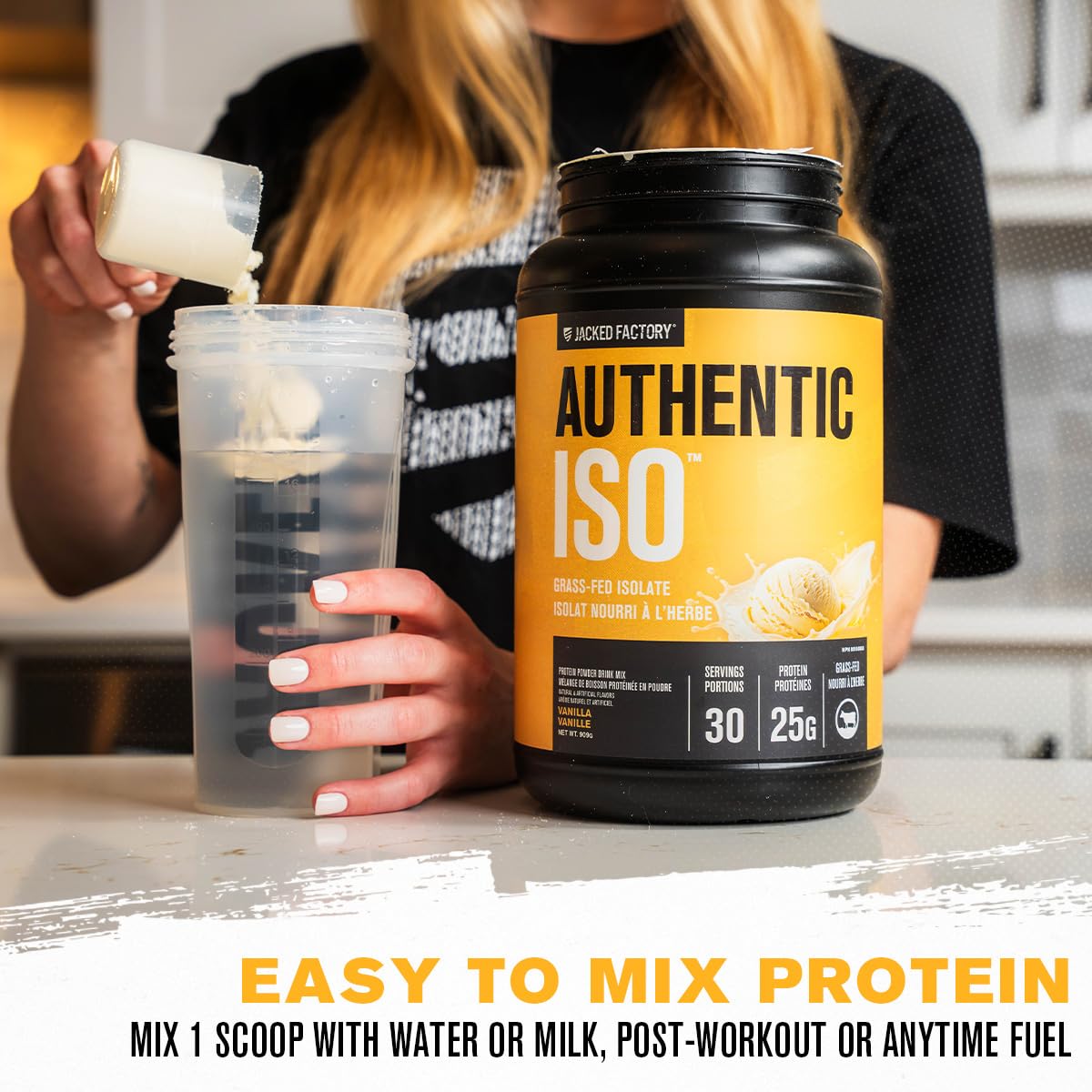 Jacked Factory Authentic ISO whey vanilla pour captures quick mixing post-workout