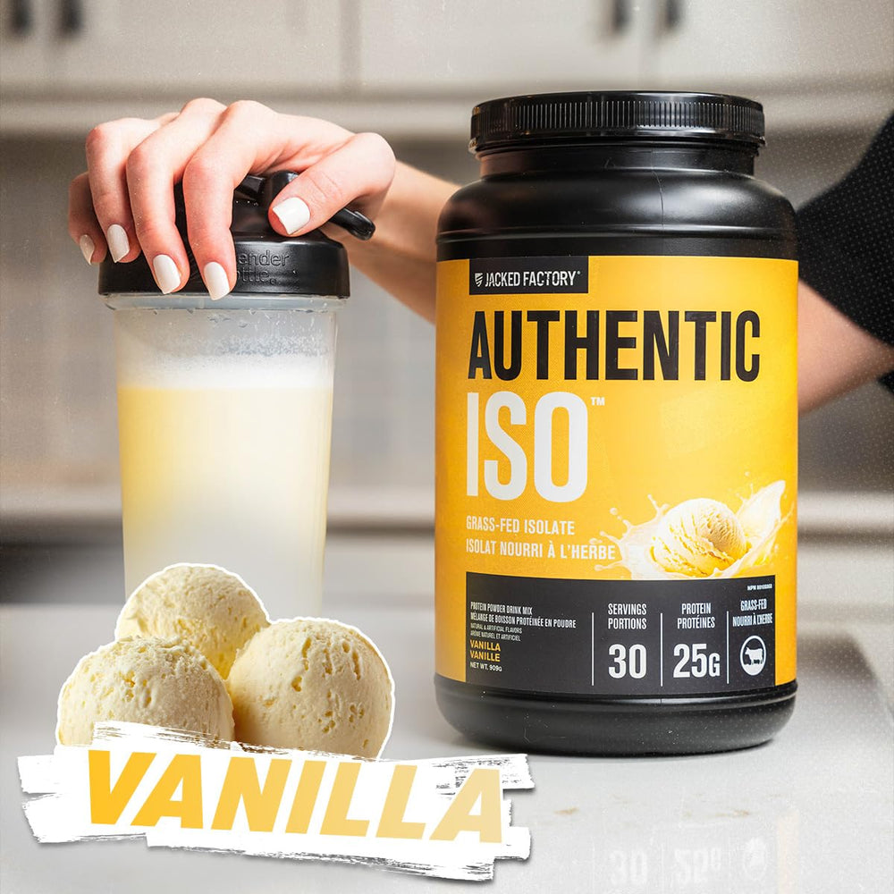 Jacked Factory Authentic ISO whey vanilla serving scoop with measured portions