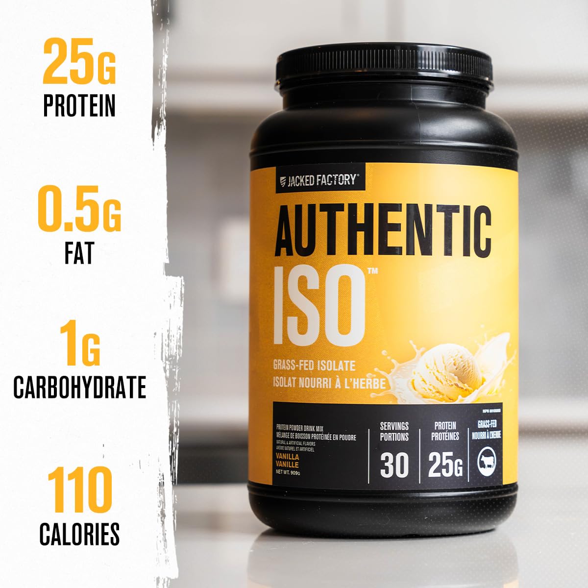 Jacked Factory Authentic ISO whey vanilla mixer bottle showing quick-dissolve