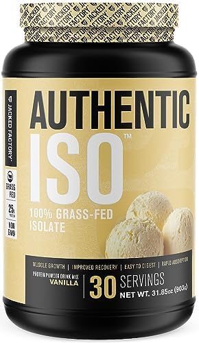 Jacked Factory Authentic ISO whey vanilla tub emphasizes non-GMO formula