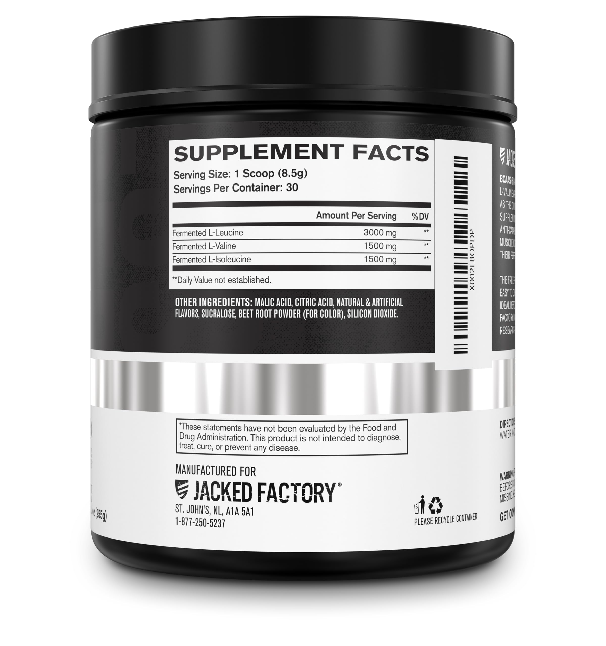 Jacked Factory BCAA Powder Fermented Fruit Punch bottle on gym bench suggests recovery support.