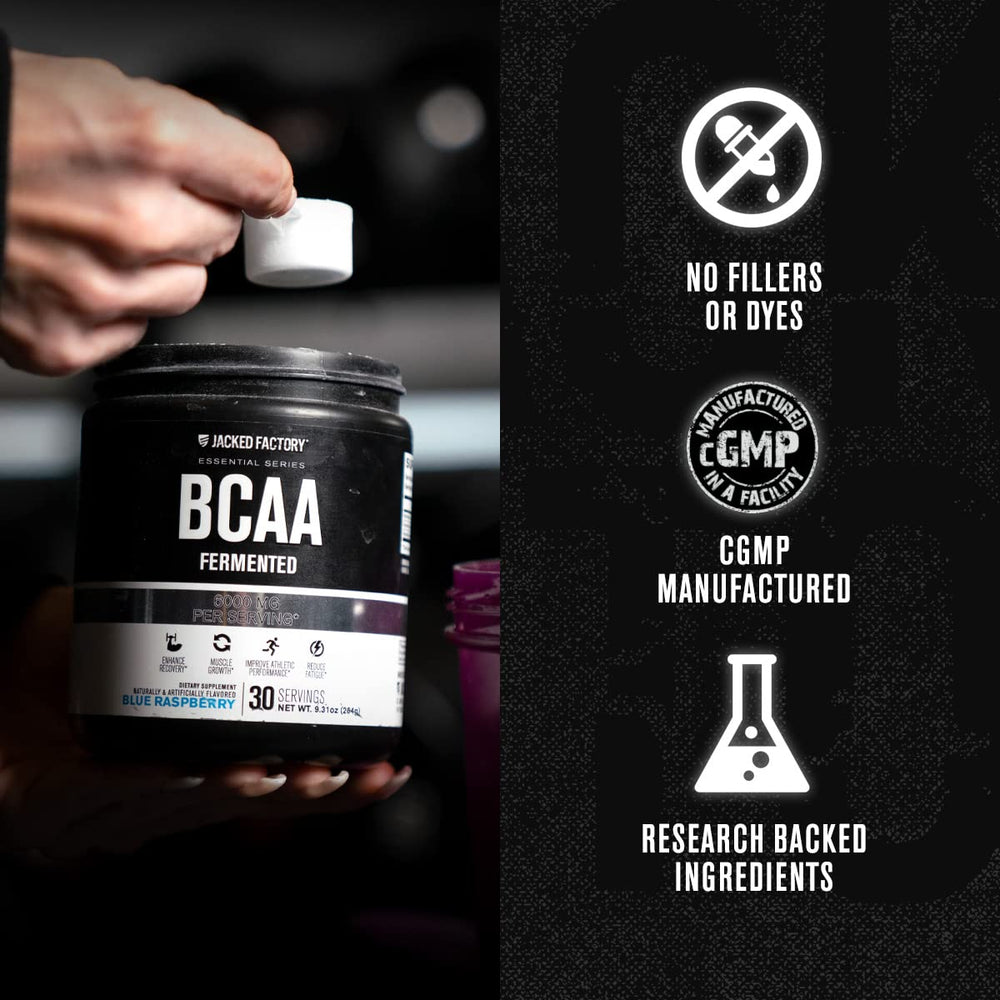 Jacked Factory BCAA Powder Fermented Fruit Punch glass shows a bright, refreshing workout drink.