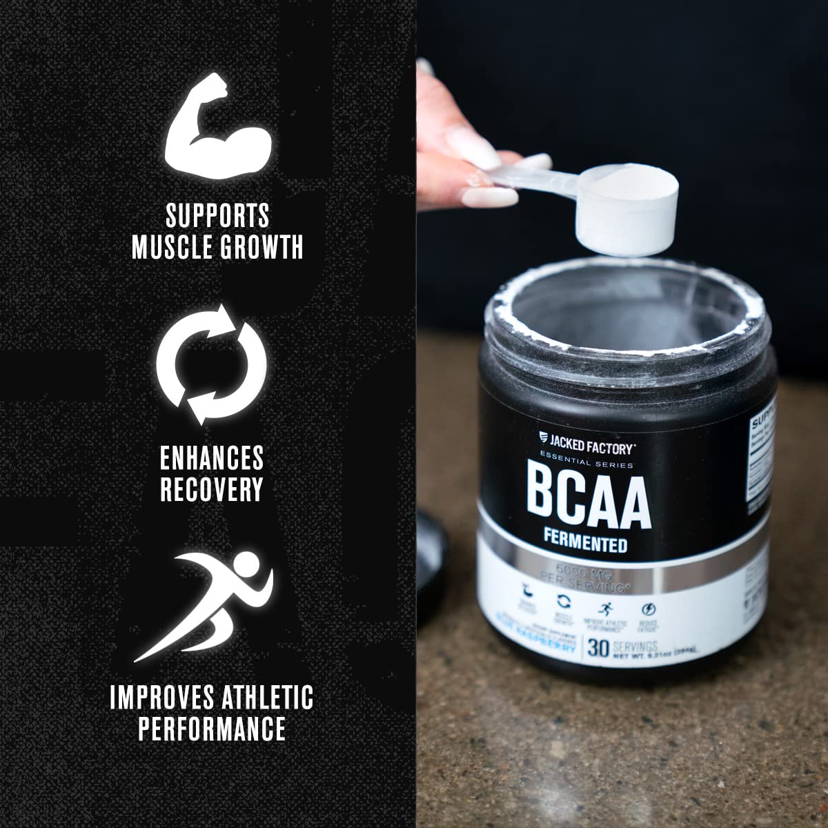 Jacked Factory BCAA Powder Fermented Fruit Punch shaker ready for endurance sessions.