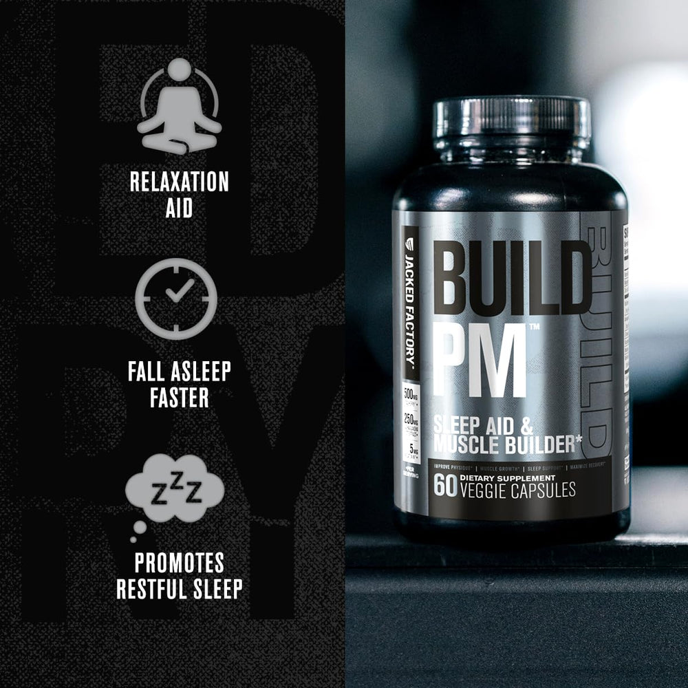 Jacked Factory Build PM with Ashwagandha highlights natural adaptogenic recovery.