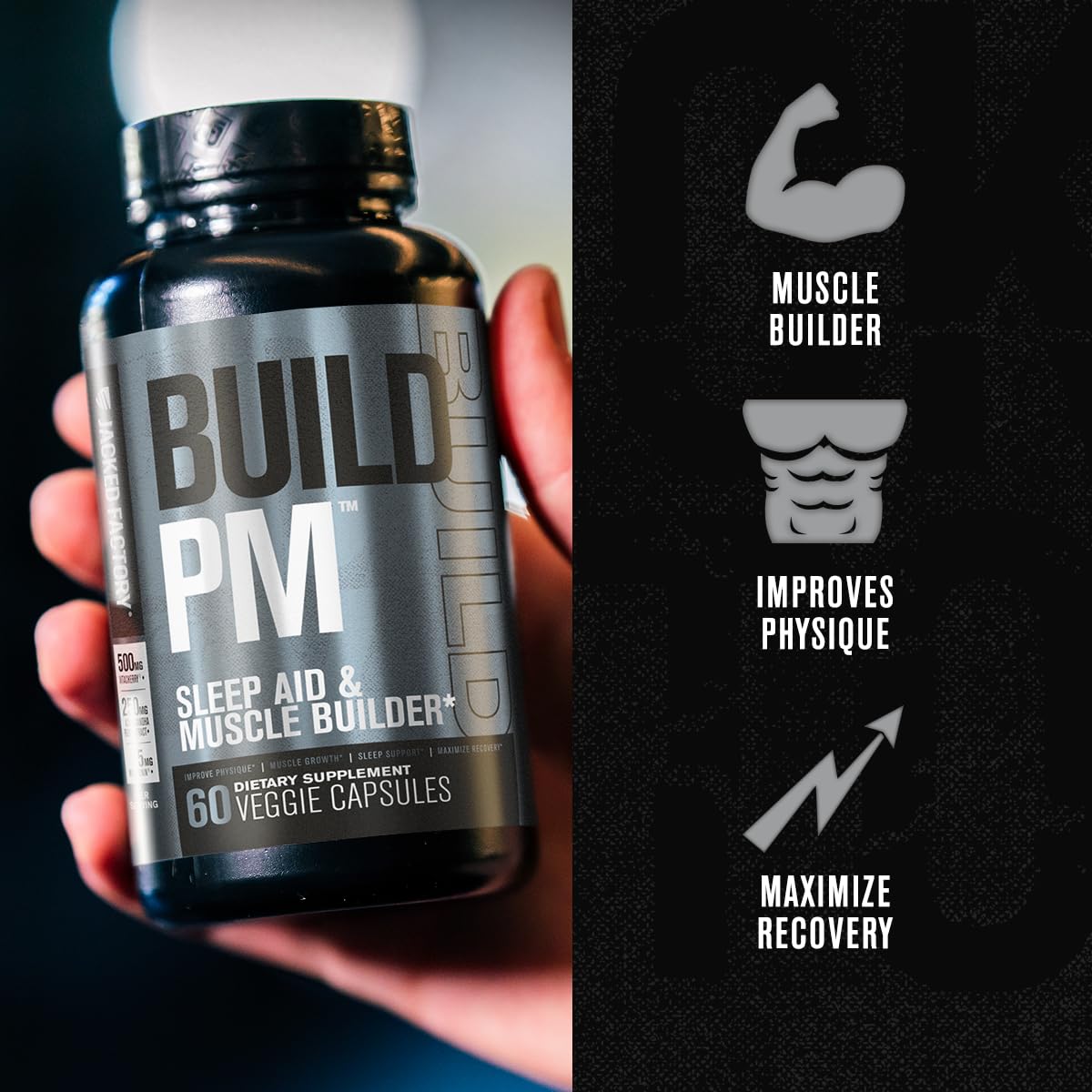 Jacked Factory Build PM label close-up shows Tart Cherry blend for recovery.