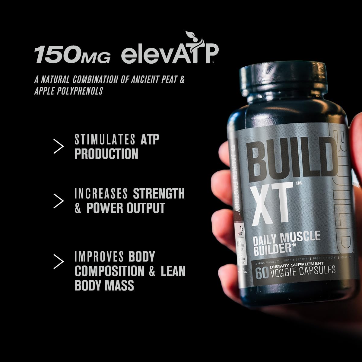 Front label detail showing branding and ingredient highlights for Build-XT.