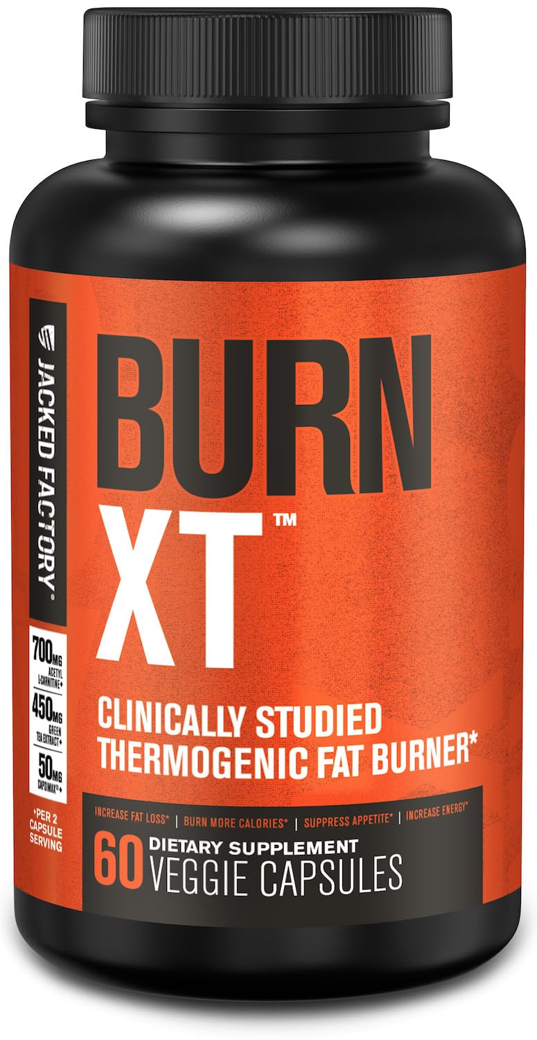 Jacked Factory Burn-XT bottle front view with energy-boosting design