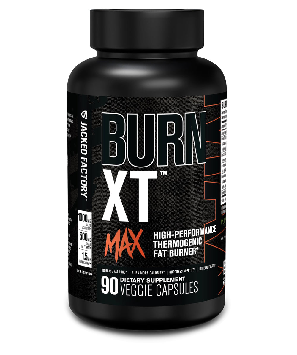 Jacked Factory Burn-XT Max bottle front showing energy-forward formula for workouts