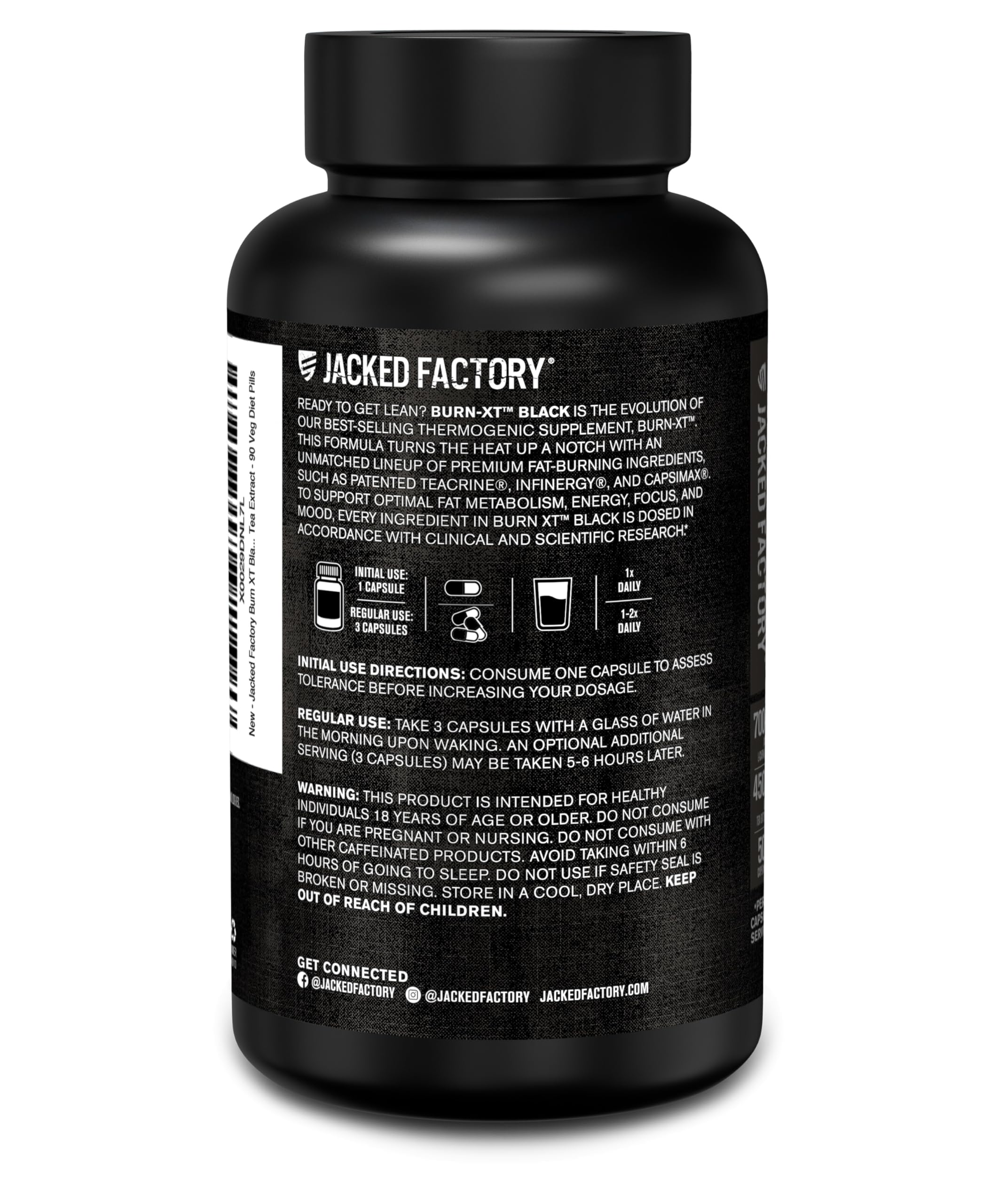 Jacked Factory Burn XT Black bottle label with cGMP manufacturing insignia.