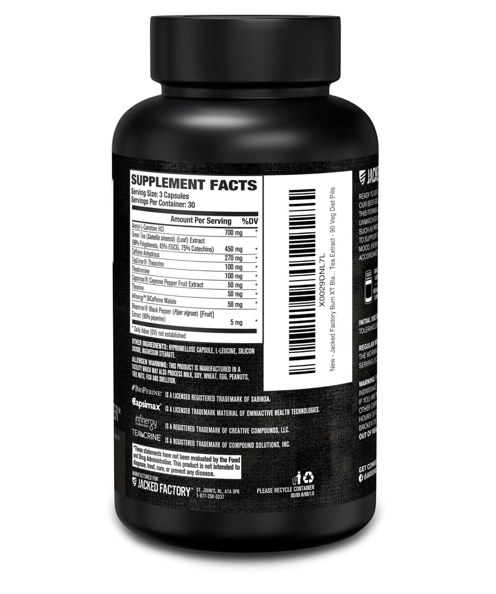 Jacked Factory Burn XT Black capsules beside gym bottle for daily energy and focus.