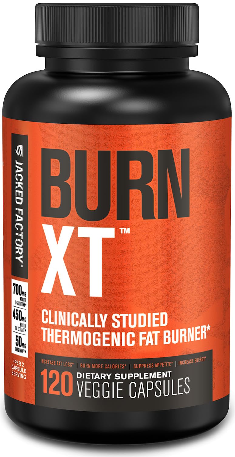Jacked Factory Burn-XT bottle front view highlighting energy and metabolism support.