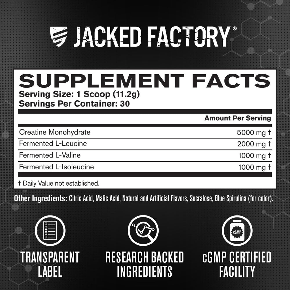 Jacked Factory Creatine + BCAAs athlete during training suggests endurance and lean gains.