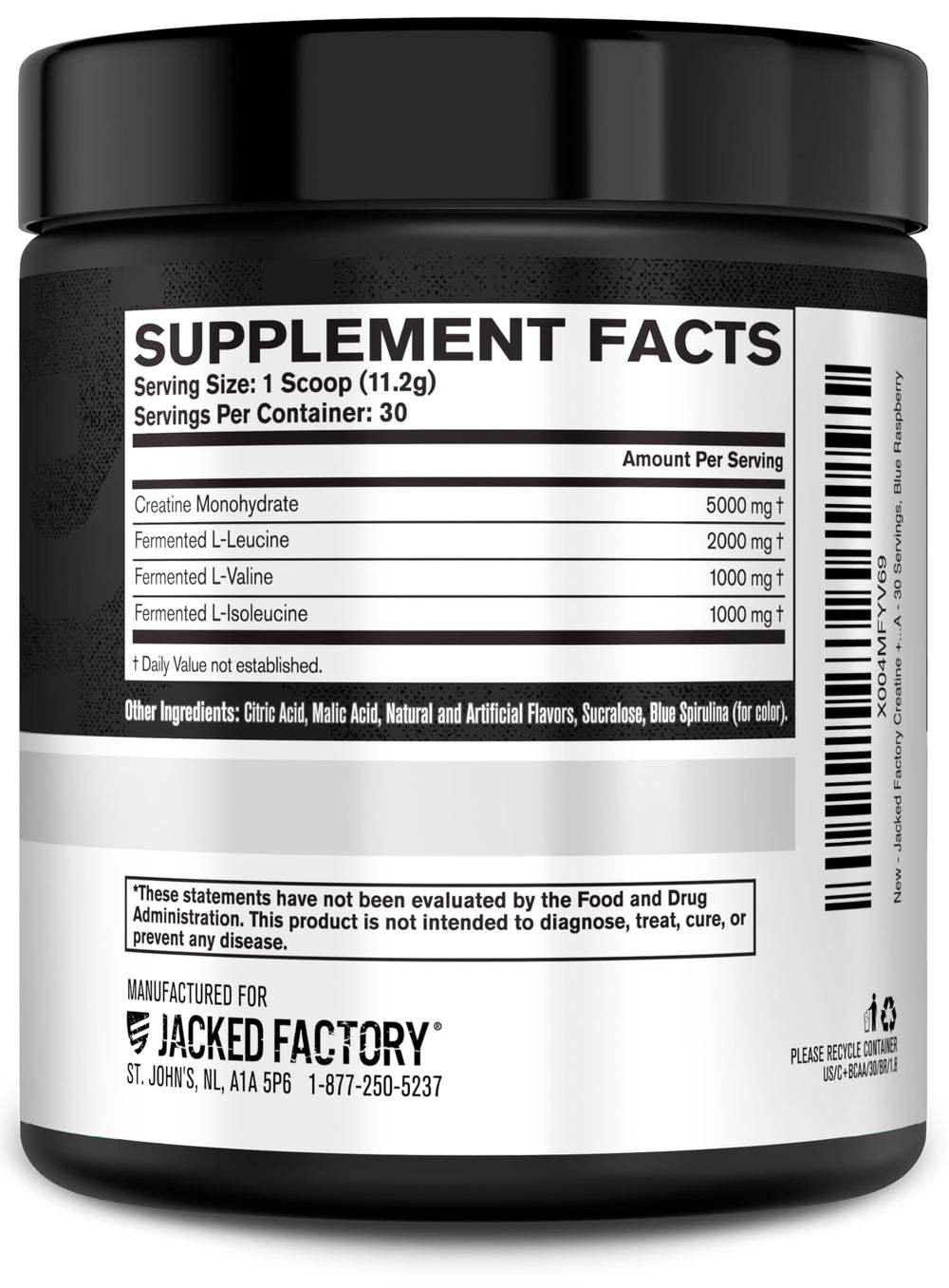 Jacked Factory Creatine + BCAAs blue raspberry packaging highlights branding and flavor appeal.