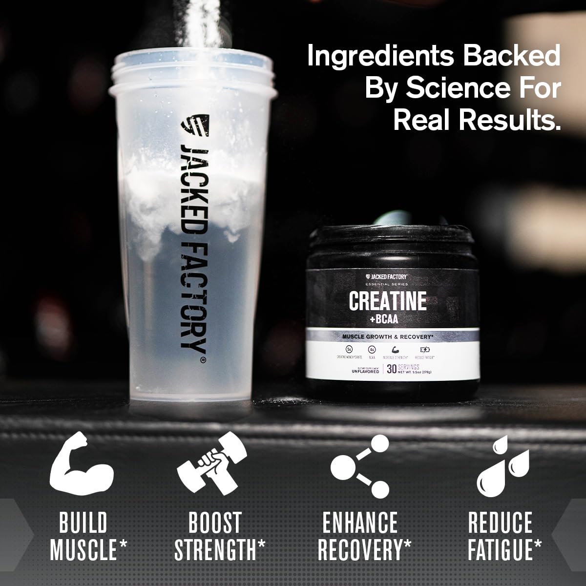 Jacked Factory Creatine + BCAAs powder dissolving in liquid shows quick mixability.