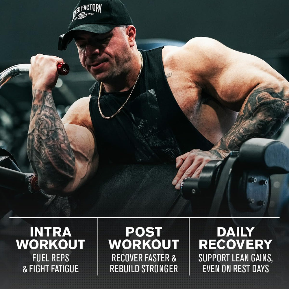Jacked Factory Creatine + BCAAs scoop in tub demonstrates convenient serving for workouts.