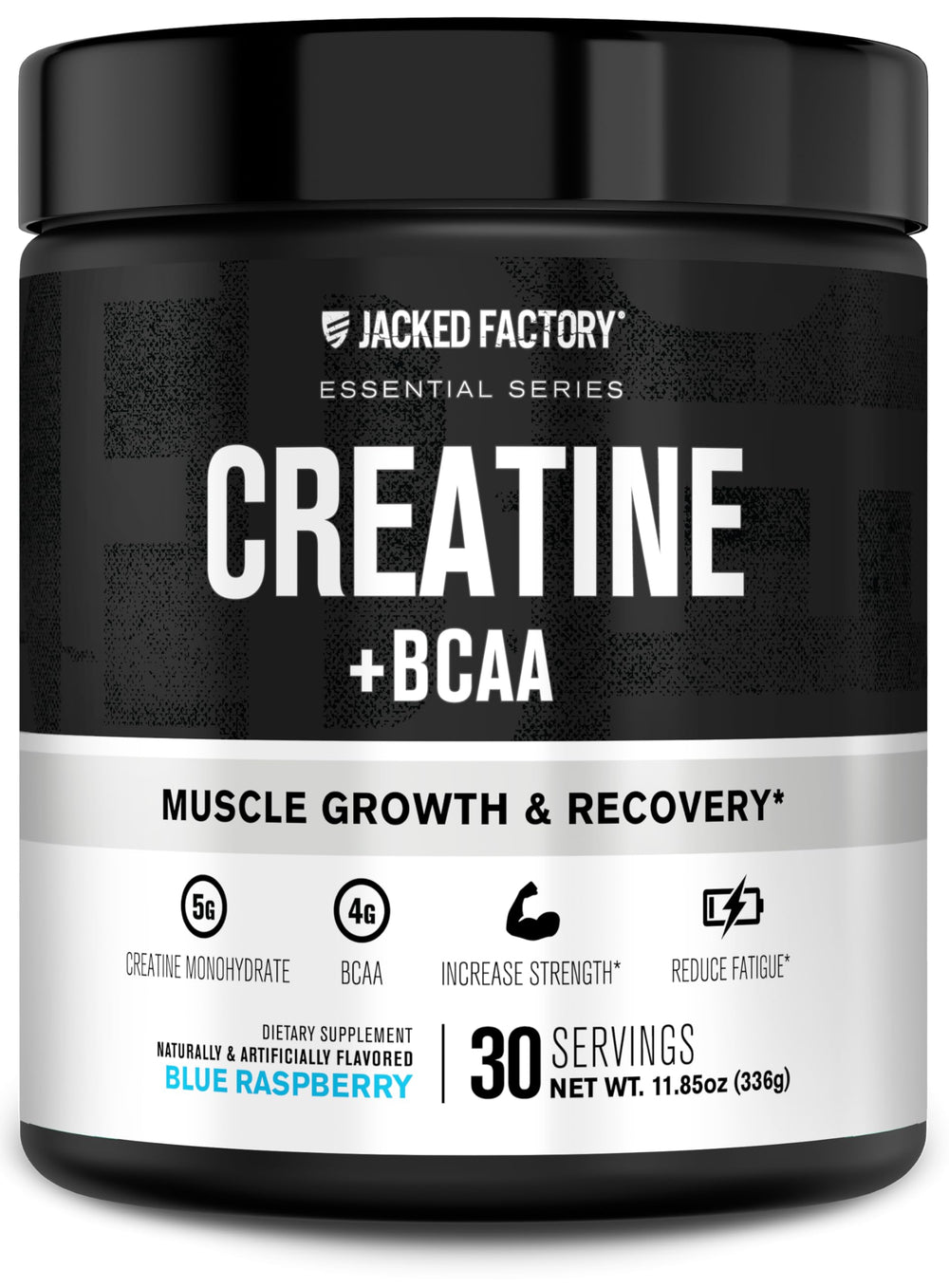 Jacked Factory Creatine + BCAAs blue raspberry tub front highlights enhanced workout energy.