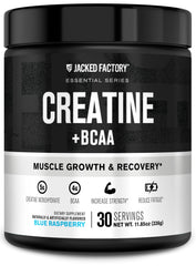 Jacked Factory Creatine + BCAAs blue raspberry tub front highlights enhanced workout energy.