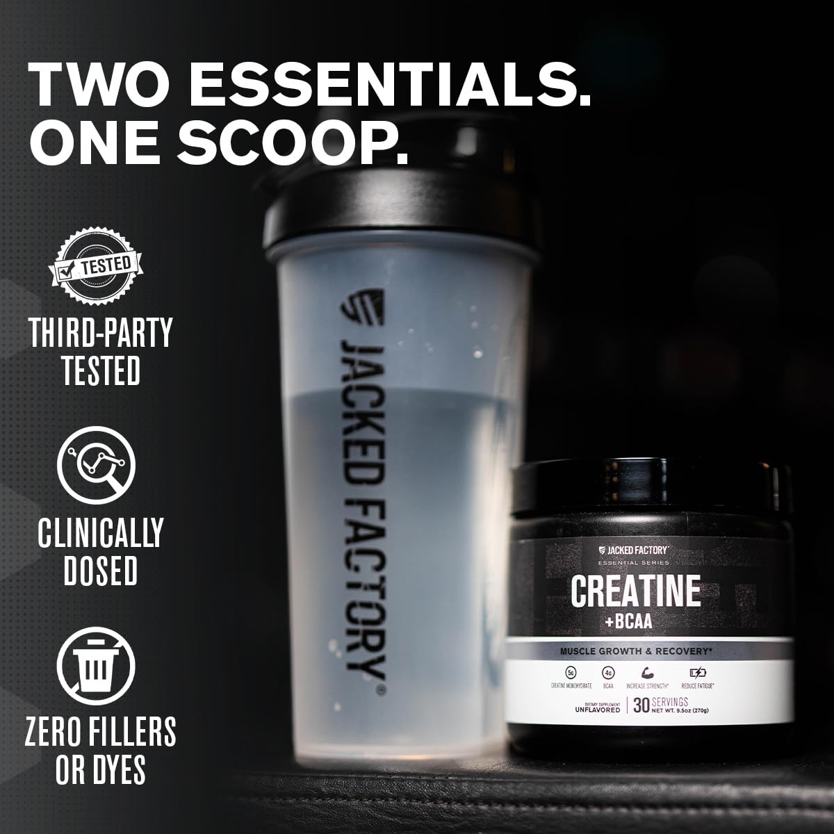 Jacked Factory Creatine + BCAAs blue raspberry tub label detail shows dosed ingredients.