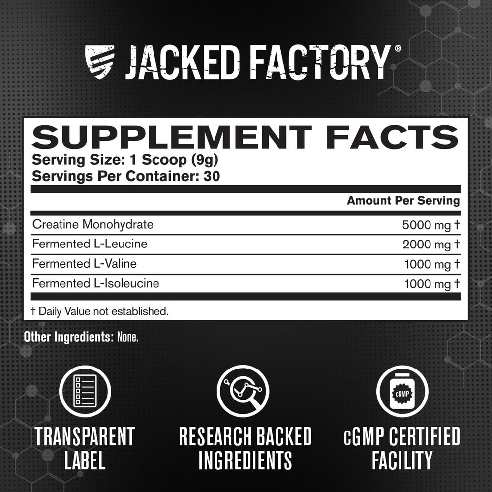 Jacked Factory Creatine + BCAAs visuals show BCAA blend supporting endurance during sets.