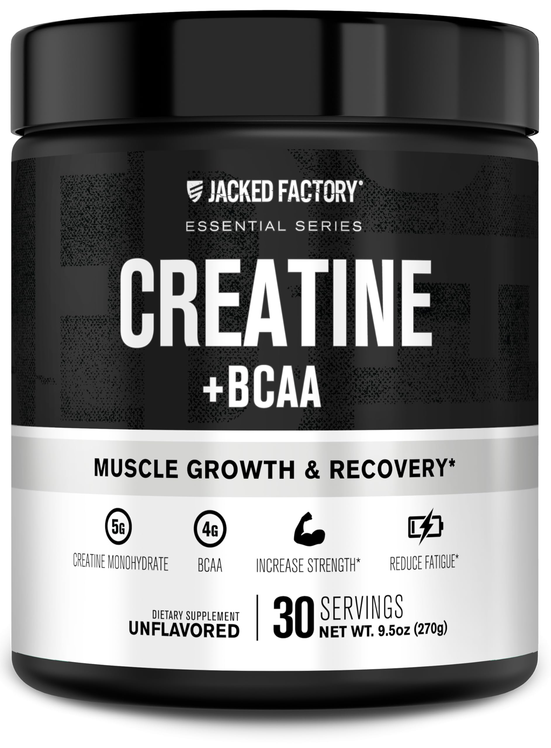 Jacked Factory Creatine + BCAAs powder package front shows sleek branding for post-workout support.